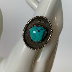 Sterling Silver Ring Turquoise Stone Vtg Southwestern Oval Size 5.25 Pinky Ring